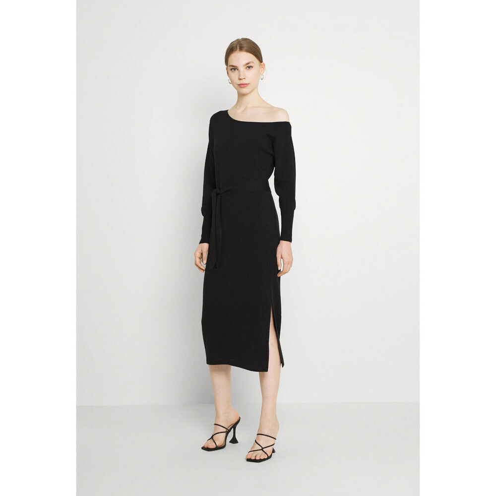 Ever New Women's Self Tie Belt Knit Midi Dress Off shoulder In Black Size 8 $188